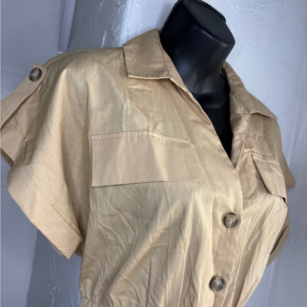 ZARA POPLIN CARGO JUMPSUIT TAN sz S Beige khaki Short Utility - Picture 7 of 12